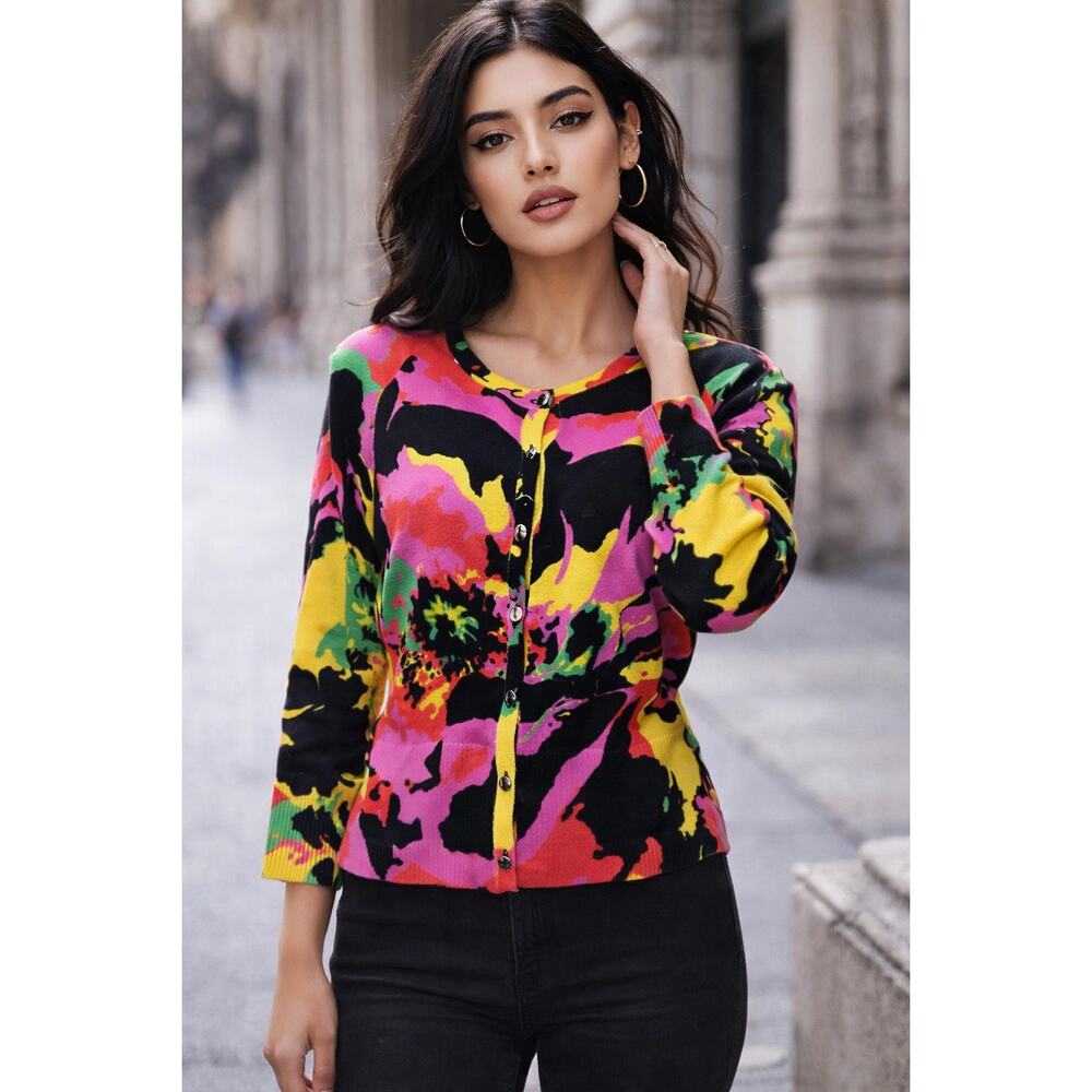 St John SoCa Abstract Floral Silk Cashmere Blend Cardigan Black Pink Yellow sz S